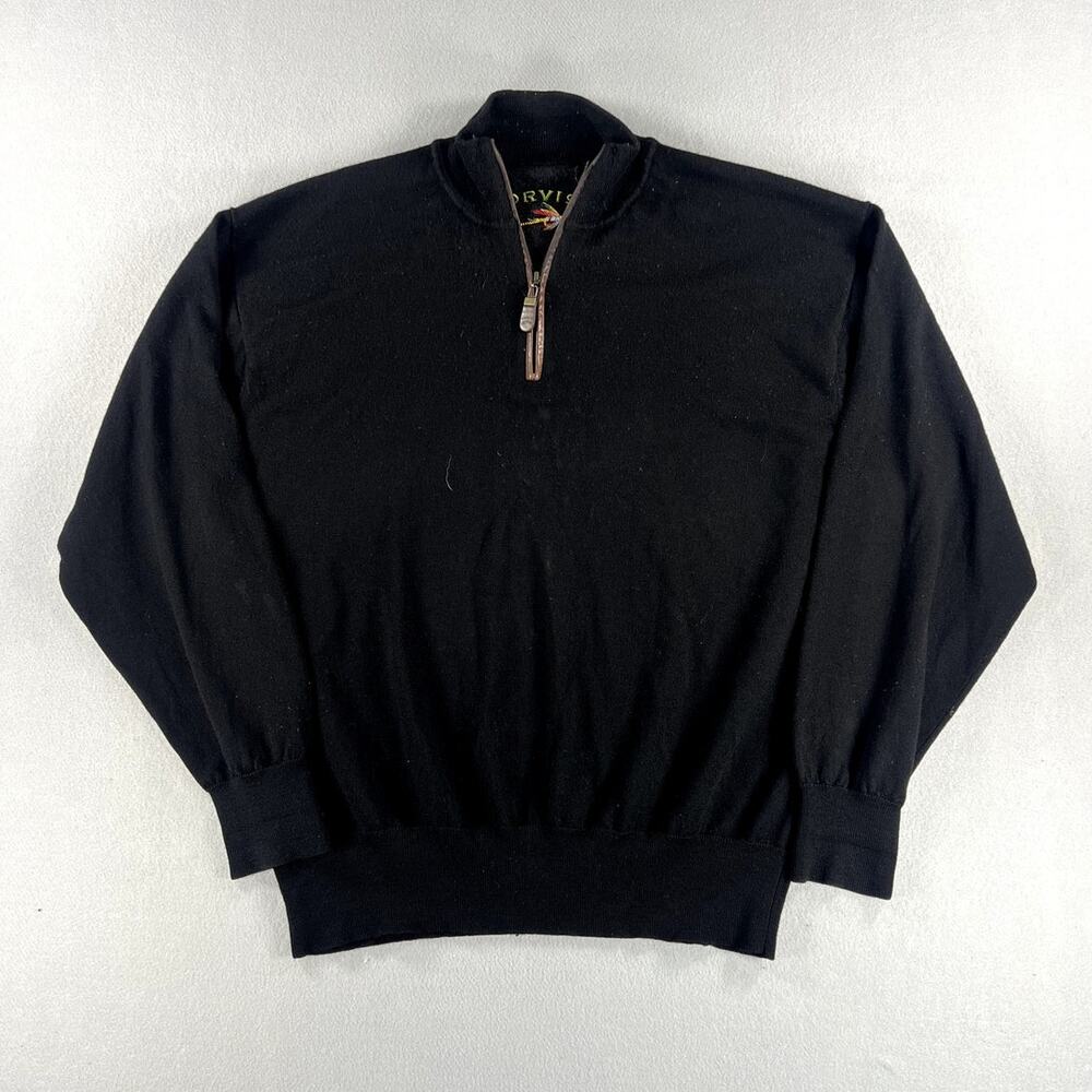 Orvis Sweater 100% Wool Mens Size XL Black Quarter Zip Mock Neck Casual Preppy